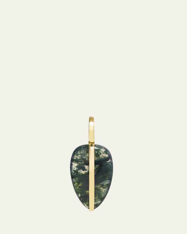 14K Yellow Gold Moss Agate Small Pebble Pendant